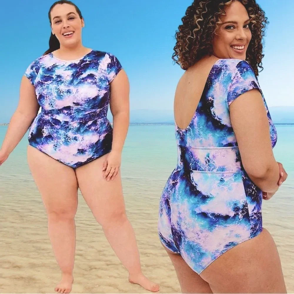 Torrid Blue Ocean Waves Active Wireless Scoop Back One Piece Swimsuit NEW - Picture 3 of 14